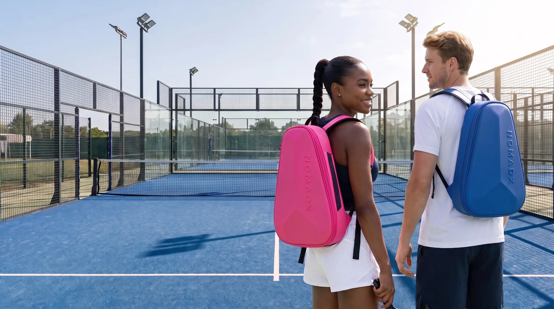 Two padel players on an outdoor court carrying NomadX hardshell padel backpacks in pink and blue