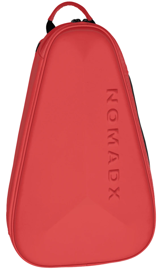 NomadX Hardshell Padel Backpack in Cherry Red, standing upright, three-quarter view